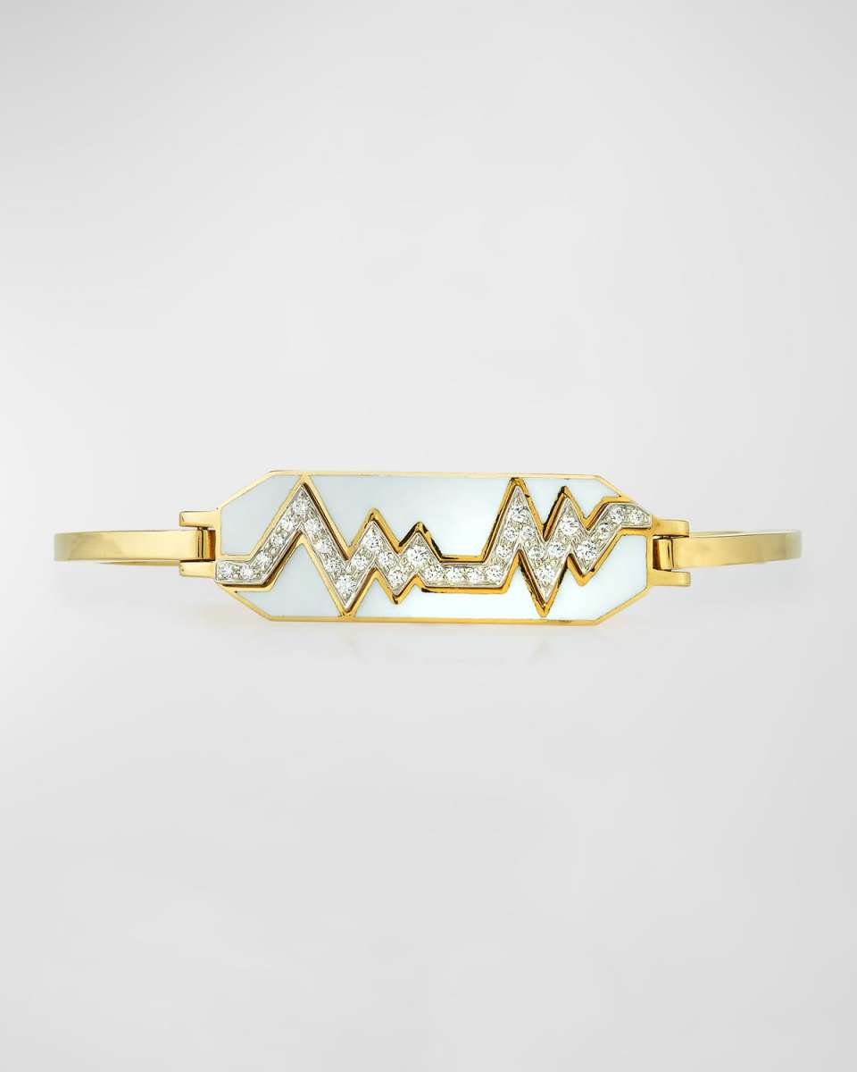 "Motif" 18k Gold Diamond Skip Zigzag Bracelet with White Enamel & Platinum